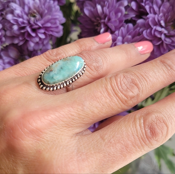 🩵Aqua Caribbean Larimar Sterling Silver Ring 925 Boho - Picture 2 of 6
